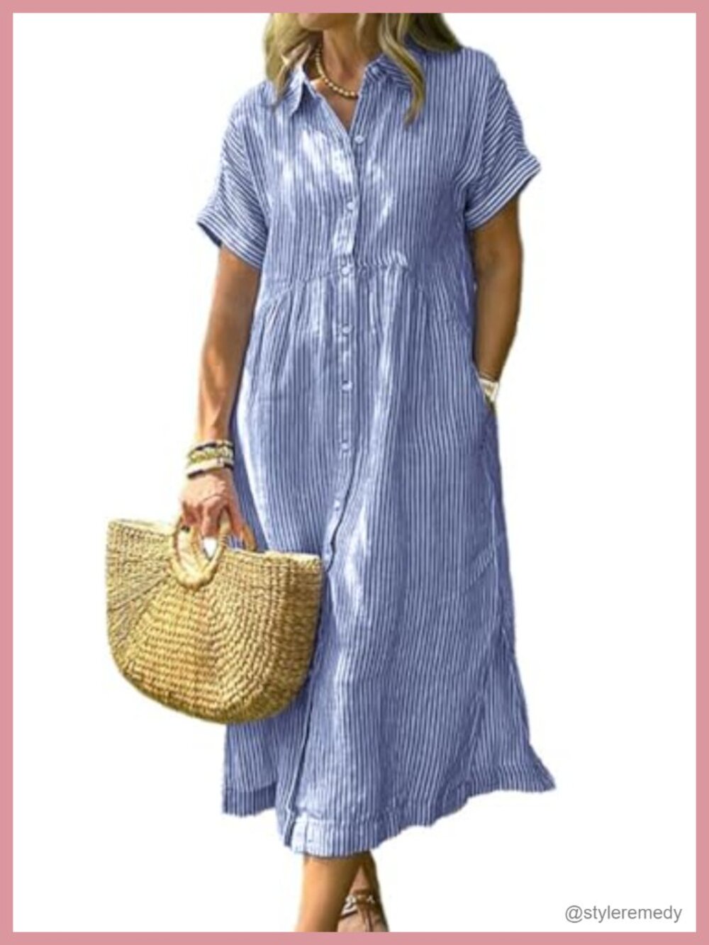 Womens Summer Striped Midi Long Shirt Dress Casual Loose Short Sleeve Button